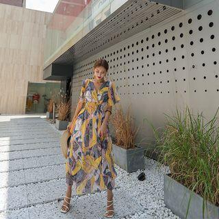 Smocked Scarf Print Maxi Dress