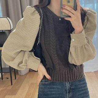 2-in-1 Knit Vest Plaid Blouse