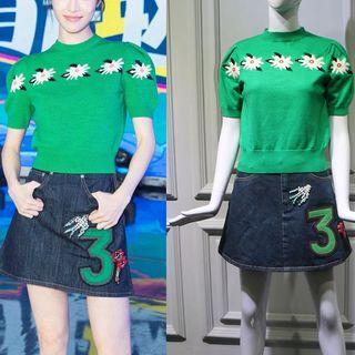 Short-sleeve Embroidered Knit Top / Denim Skirt