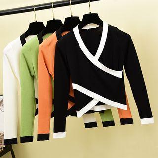 Contrast Trim Cropped Wrap Knit Top