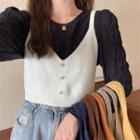 Puff-sleeve Blouse / Button-up Knit Camisole Top