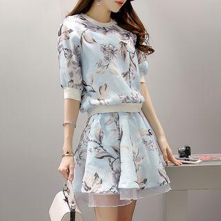 Set: Floral Short-sleeve Top + A-line Skirt