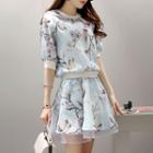 Set: Floral Short-sleeve Top + A-line Skirt