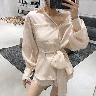Plain Asymmetric Lace-up Blouse / Plain Wide-leg Shorts
