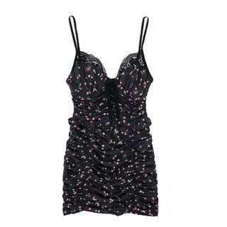Spaghetti Strap Floral Print Shirred Mini Sheath Dress