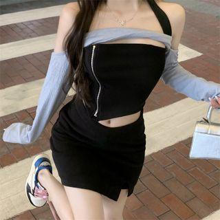 Long-sleeve Shawl / Sleeveless Plain Zip Halter Top / Plain Slim-fit Skort
