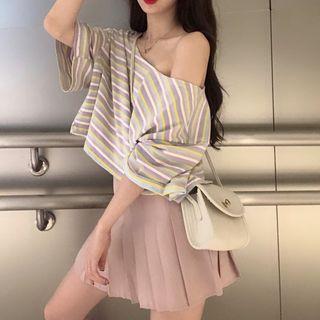 3/4-sleeve Off Shoulder Striped Cropped T-shirt