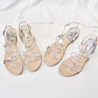 Rhinestone Strappy Low Wedge Heel Sandals