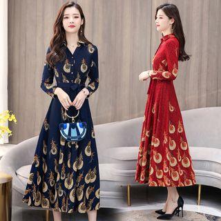 3/4-sleeve Printed Sashed Midi A-line Dress