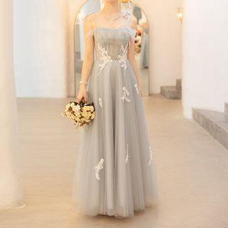Leaf Embroidered Spaghetti Strap A-line Evening Gown