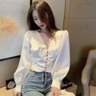 V-neck Puff-sleeve Top White - V Neck Top - One Size