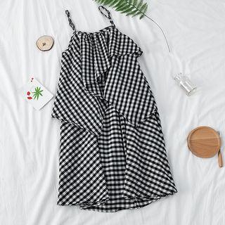 Spaghetti-strap Gingham Asymmetric Dress As Shown In Figure - One Size