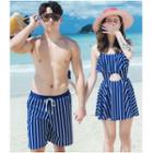 Couple Matching Short-sleeve Striped Swimdress / Beach Shorts