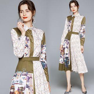 Set: Printed Panel Long-sleeve Shirt + Midi A-line Skirt
