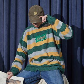 Lettering Frayed Stripe Sweater