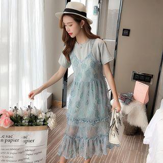 Set: Short-sleeve Long T-shirt + Spaghetti Strap Lace Dress