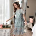Set: Short-sleeve Long T-shirt + Spaghetti Strap Lace Dress