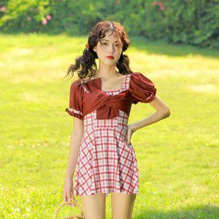 Short-sleeve Wrap Plaid Swimdress