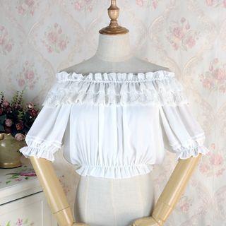 Short-sleeve Lace Trim Crop Chiffon Top