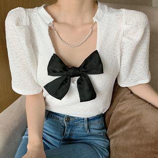 Bow Cutout Puff-sleeve Blouse