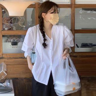 Elbow-sleeve Lace Panel Plain Blouse White - One Size