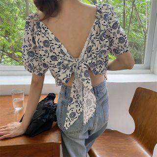 Short-sleeve Tie Back Floral Blouse