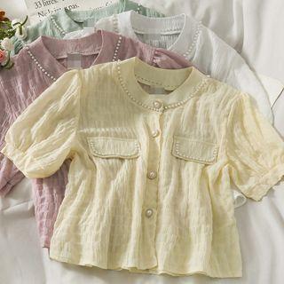 Pearl-trim Puff-sleeve Crop Shirt