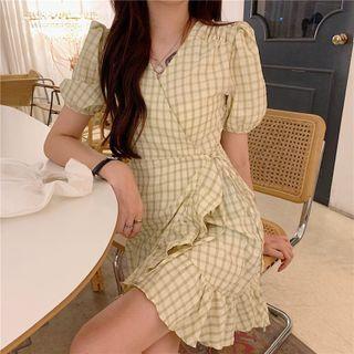 Puff Sleeve Ruffled Plaid Dress Yellow - One Size