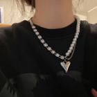 Rhinestone Beaded Heart Pendant Necklace Faux Pearl & Rhinestone - Silver - One Size