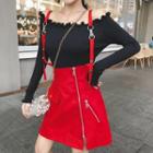 Set: Off-shoulder Knit Top + Faux Leather Jumper Skirt