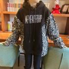 Zebra Print Panel Letter Embroidered Hoodie Black - One Size