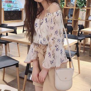 Floral Cold-shoulder Long-sleeve Blouse / Wide-leg Shorts / Set