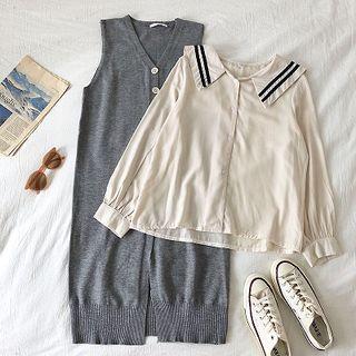 Single-breasted Sleeveless Dress / Color-block Long-sleeve Blouse