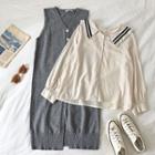 Single-breasted Sleeveless Dress / Color-block Long-sleeve Blouse