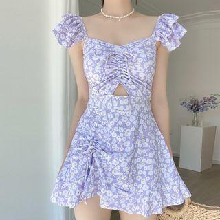 Flutter Sleeve Floral Cutout Swimdress