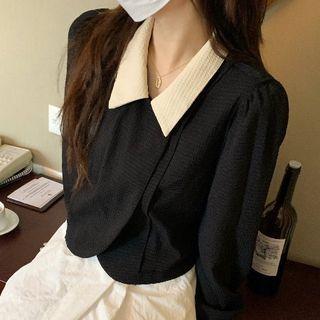 Color Block Lapel Oversize Top Black - One Size