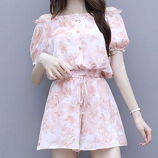 Set: Leaf Print Short-sleeve Blouse + Drawstring Wide-leg Shorts