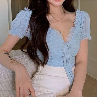 Short Sleeve V-neck Mesh Trim Crop Top