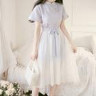 Set: Short-sleeve Plain Qipao Dress + Lace-up Mesh Skirt