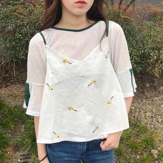 Set: Contrast Trim Elbow Sleeve T-shirt + Flower Embroidered Camisole Top