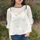 Set: Contrast Trim Elbow Sleeve T-shirt + Flower Embroidered Camisole Top