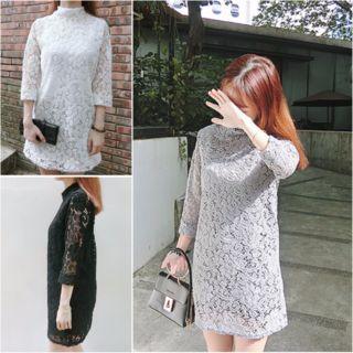 Mock Neck 3/4 Sleeve Lace Dress