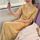 Floral Short-sleeve Maxi A-line Dress Yellow - One Size