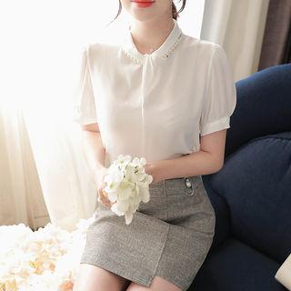 Detachable Faux-pearl Necklace Chiffon Top