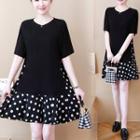 Elbow-sleeve Polka Dot Chiffon Paneled A-line Mini Dress