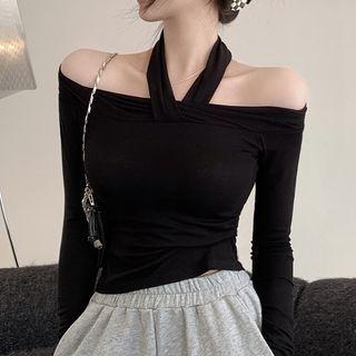 Halter-neck Off-shoulder Long-sleeve T-shirt