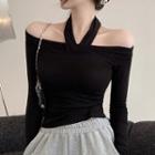 Halter-neck Off-shoulder Long-sleeve T-shirt