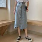 Button-up Distressed Denim Midi A-line Skirt
