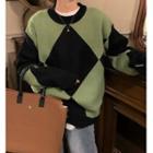 Round Neck Two-tone Sweater Green - One Size