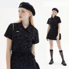 Set: Butterfly Print Shirt+ Pleated Mini Skirt